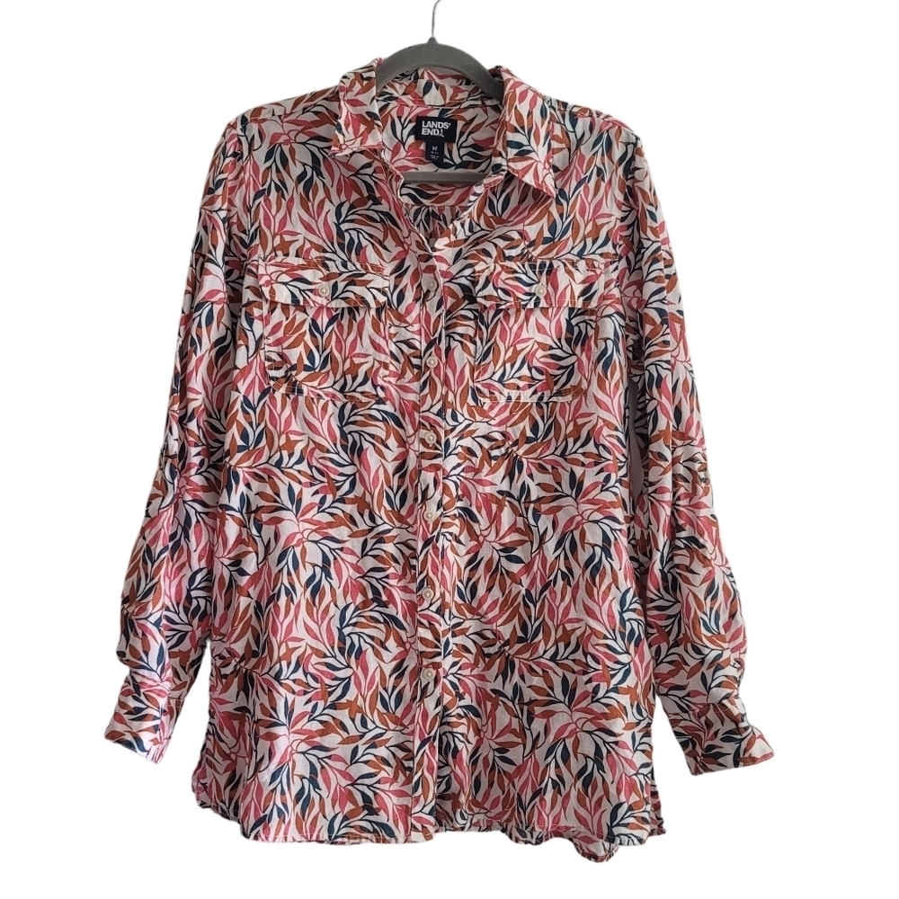 Lands' End 100% Linen Floral Leaf‎ Women Medium Button Up Tunic Shirt 10/12